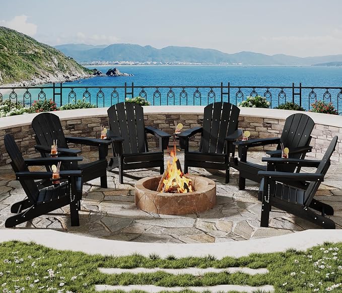 Garvee Folding Adirondack Chair Set of 4 with 2 Side Table, HDPE Outdoor Patio Chair with Cup Holder, All Weather Resistent Wooden Textured for patios, Decks, Gardens, fire Pit, Black