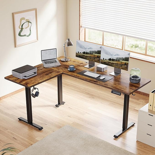 Agilestic L Shaped Standing Desk 63 inch Adjustable Height, Electric Corner Standing Desk, Sit Stand Computer Table with Splice Board, Rustic Brown