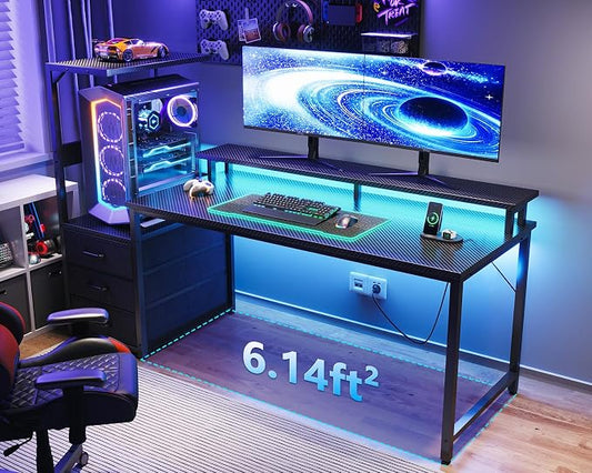 AODK 59 Inch Gaming Desk with LED Light- Reversible Computer Desk with Storage Shelves & Monitor Stand, Fabric Drawers Fits Compact PC Towers, Black