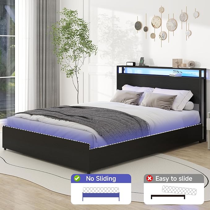 Zevemomo Queen Bed Frame with 4 Storage Drawers, Queen Size Bed Frame with Headboard, LED, Charging Station with USB Ports & AC Outlets, Sturdy Metal Slat Support, No Noise, Black