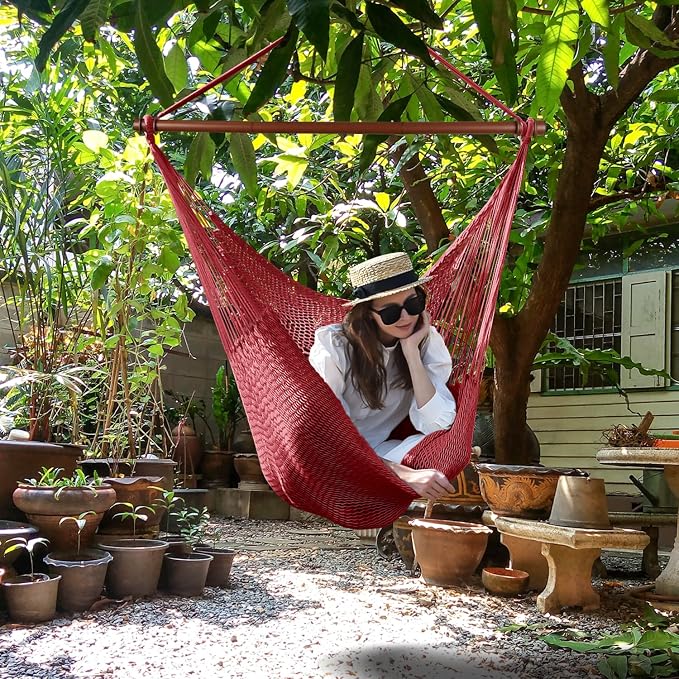 Upgraded Caribbean Hammock Chair with Detachable Metal Bar, Large Hammock Swing Chair, XL Rope Hanging Chair for Outdoor Indoor, 330 LBS Weight Capacity, FireBrick