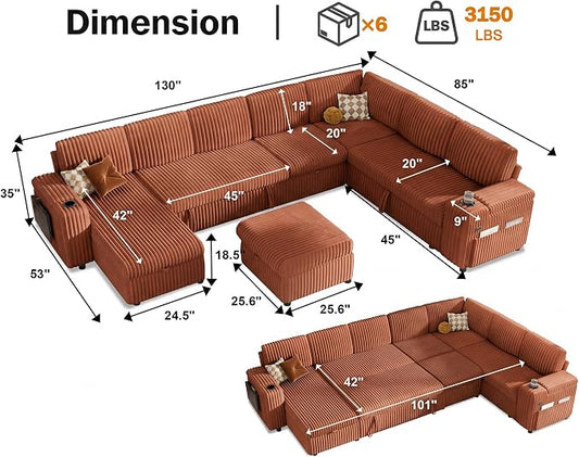 Vipbear 130" Modular Sectional Sleeper Sofa with Pull Out Bed, 9 Seat Corduroy L Shaped Couch with Ottoman and Chaise|USB Ports|Cup Holders|Side Table, Tool Free Assembly, Orange