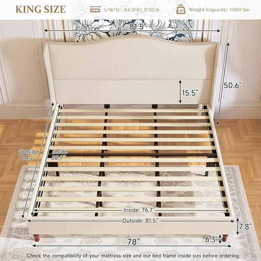 koorlian King Size Bed Frame Upholstered Platform Bed with 51" Tall Headboard Wingback, Soft Fabric, Retro Simple Style Platform Bed No Box Spring Needed, Easy Assembly, Beige