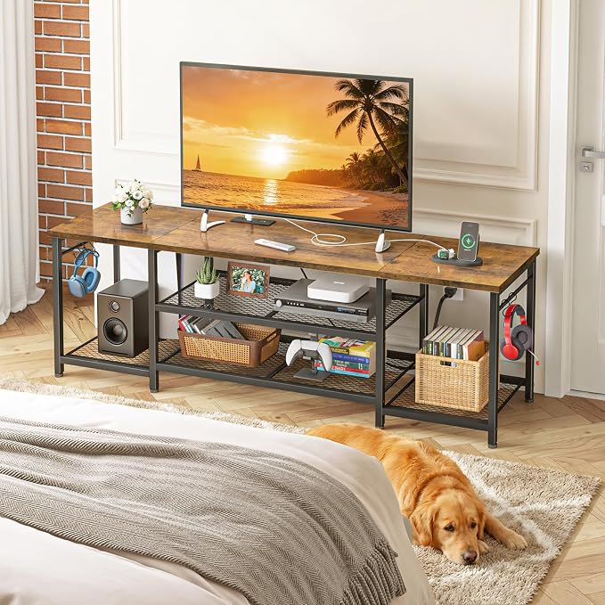 YGEOMER TV Stand for Up to 75 Inch TVs, Entertainment Center with Power Outlet and Open Storage Shelves, TV Media Console Table for Living Room and Bedroom, Rustic Brown