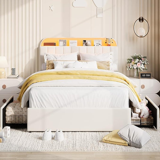 Garvee Queen Size Bed Frame with 2 Flexible Drawers, Velvet Upholstered Platform Bed Frame with Bookcase Headboard and LED Lights, Kids Bed for Girls, Easy Assembly, Noise Free, Beige
