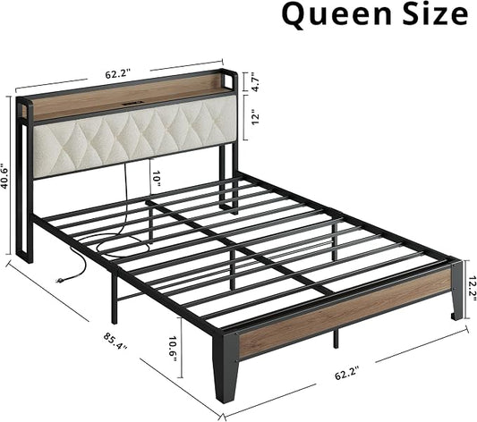 ANCTOR Queen Bed Frame with Storage Headboard & Charging Station, Metal Platform Queen Bed, Upholstered Tufted Headboard, Heavy Duty Slat Support, Noise Free, No Box Spring Needed, Wood and Cream