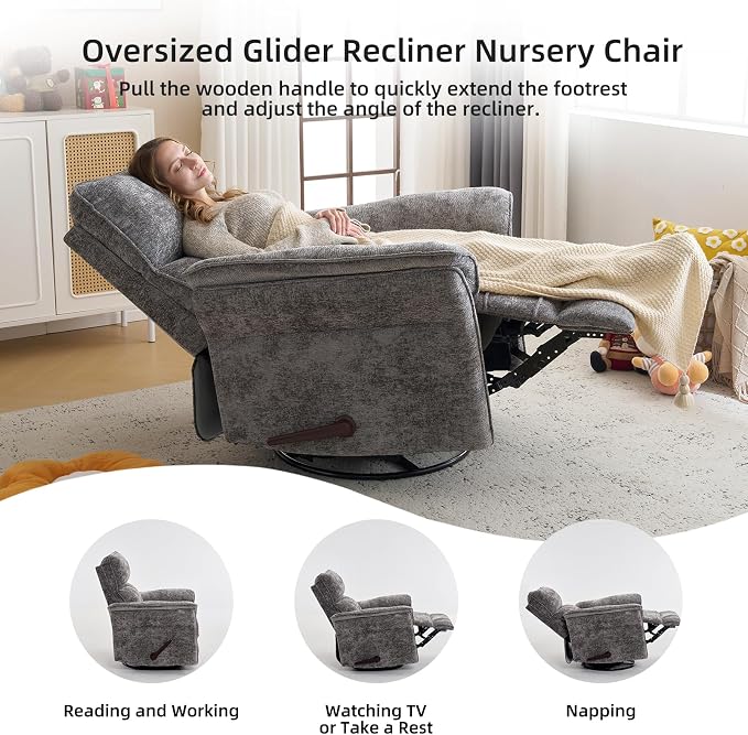 Oversized Glider Rocker Recliner, 26" Extra Wide 360° Swivel Nursery Recliner with Adjustable Headrest, Chenille Rocking Nursery Chair with Overstuffed Armrest, Lumbar Support, Dark Grey