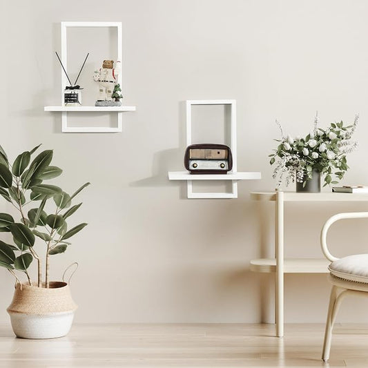 PHOENANCEE Square Wall Shelf,Framed Floating Shelves Set of 2,Decorative Plants Hanging Display Chic for Living Room Bedroom Bathroom Home Office,Soild Wood,L+S,White