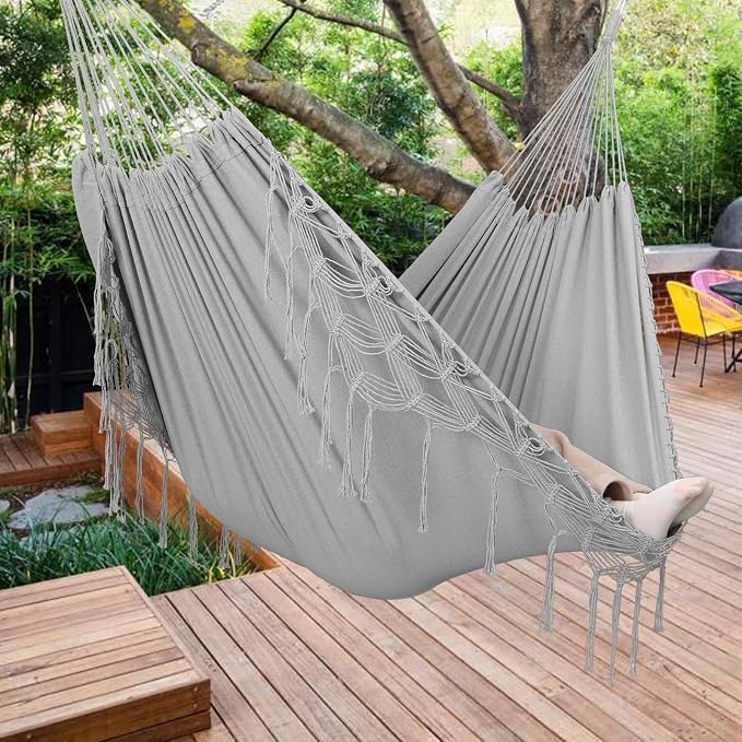 Double Boho Macrame Hammock with Elegant Tassels for Patio, Yard, Beach Wedding Decor, Outdoor and Indoor Up to 450lbs Include Tie Ropes and Drawstring Bag