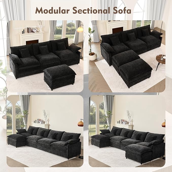 GOSUHI 108" U-Shaped Modular Cloud Couch, Deep Seat, Chenille Black | Cloud Comfort, Couches for Living Room, Removable & Machine-Washable Covers, Movable Ottoman, Modular Sectional Sofa