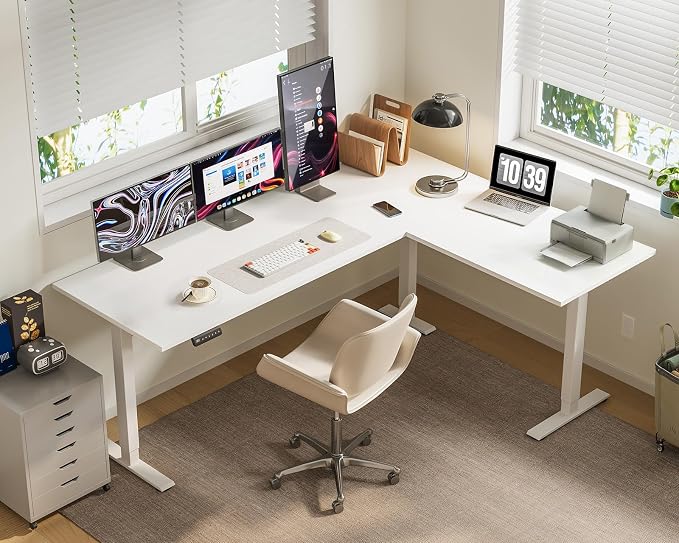 OffiGo 63 Inch Reversible L Shaped Electric Standing Desk, Height Adjustable Corner Stand up Desk, Ergonomic Large Lift Computer Table for Home, Office, Workstation, White