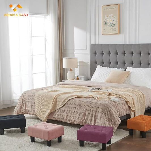 BRIAN & DANY Small Foot Stool, Linen Foot Stools with Legs, Stable Small Footstool for Living Room, Purple