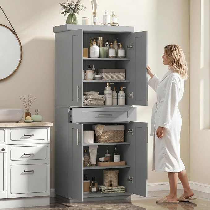 HOMCOM 72" Kitchen Pantry Cabinet, Freestanding Tall Storage Cabinet with 4 Doors, Drawer and 3 Adjustable Shelves for Dining Room, Gray