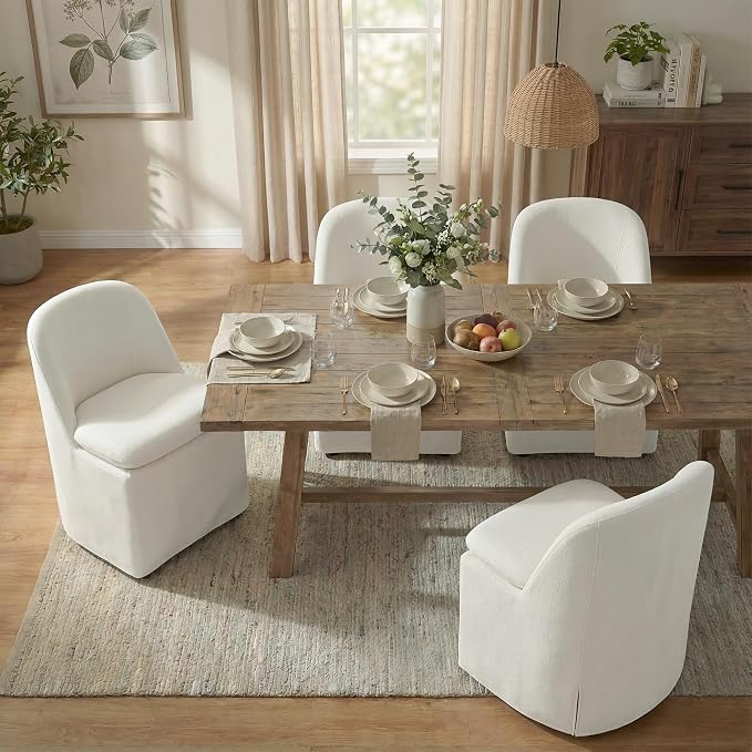 KISLOT Upholstered Dining Chairs with Casters, Washable Cover Modern Dining Room Chairs with Thick Cushion & Sturdy Metal Frame for Kitchen, Living Room, Dressing Room, Linen Fabric, Set of 1