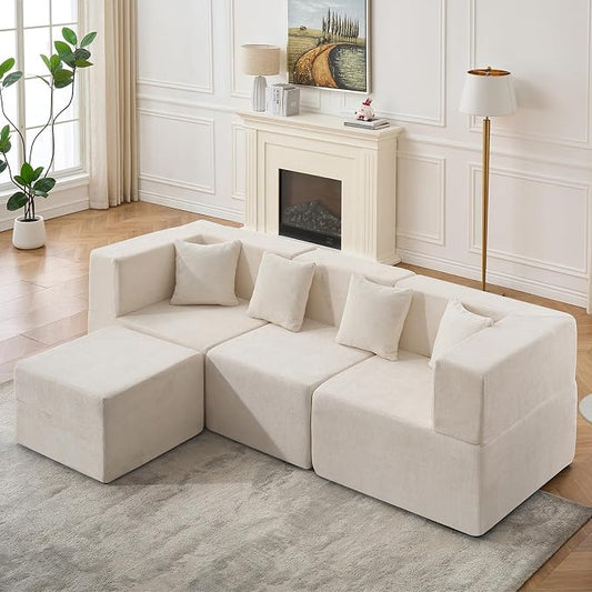 MONVANE 103'' Modular Sectional Sofa, Cloud Sectional Couch with Ottoman, Convertible Chenille L Shaped Couch with Deep Seat, Sectional Couches for Living Room Bedroom, No Assembly Required, Beige