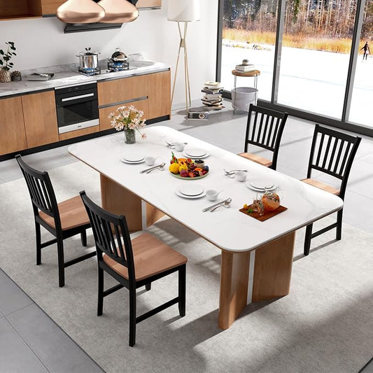 COSTWAY Dining Chairs Set of 4, Mid Century Modern Dining Room Chairs with Solid Rubber Wood Legs and Curved Backrest, Kitchen Chairs for Home, Living Room, Restaurant, Black & Walnut
