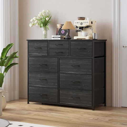 LUMTOK 10-Drawer Dresser, Fabric Storage Tower with Drawers for Bedroom, Dresser Drawer with Handle for Bedroom, Living Room, Hallway, Closets & Nurseryteel Frame, Wood Top (Black Wood Veins)