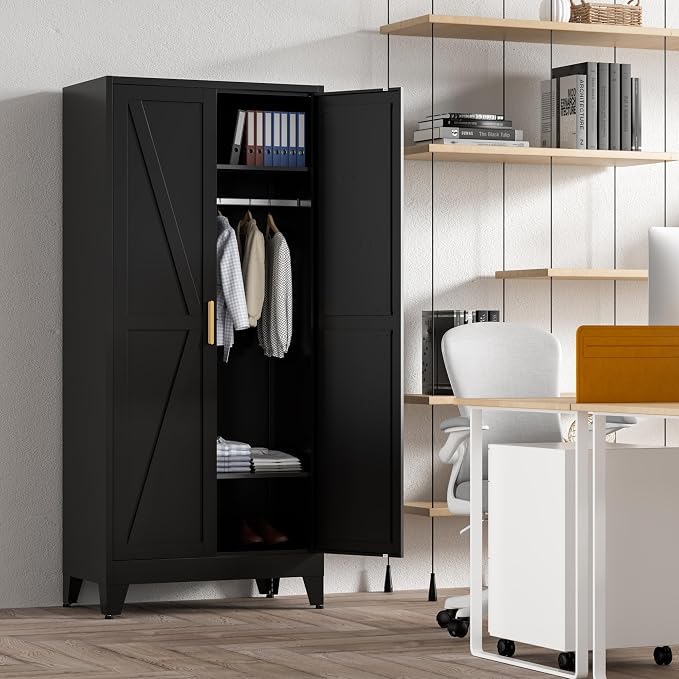 Washsemba 71'' Farmhouse Metal Wardrobe Cabinet with Hanging Rod, 2 Barn Door Wardrobe Closet with 2 Adjustable Shelves,for Dining Room,Bedroom,Living Room, Cloak Room,Office (Black)