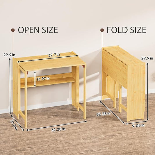 Bamboo Folding Desk for Small Spaces, Mid Century Small Computer Foldable Desk for Bedroom Home Office, Space Saving Sofa Table for Couch, Writing Work Office Desk,Natural