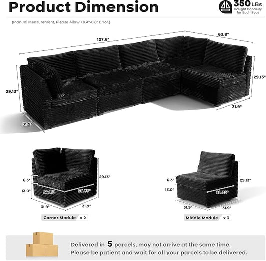 ovios Modular Sectional Sofa Couch with U-Shape Chaise Oversized, Comfy Plush Corduroy Cloud Couches, Modern Luxury Deep Seat Sofas Set for Living Room, 5-Seater, Black