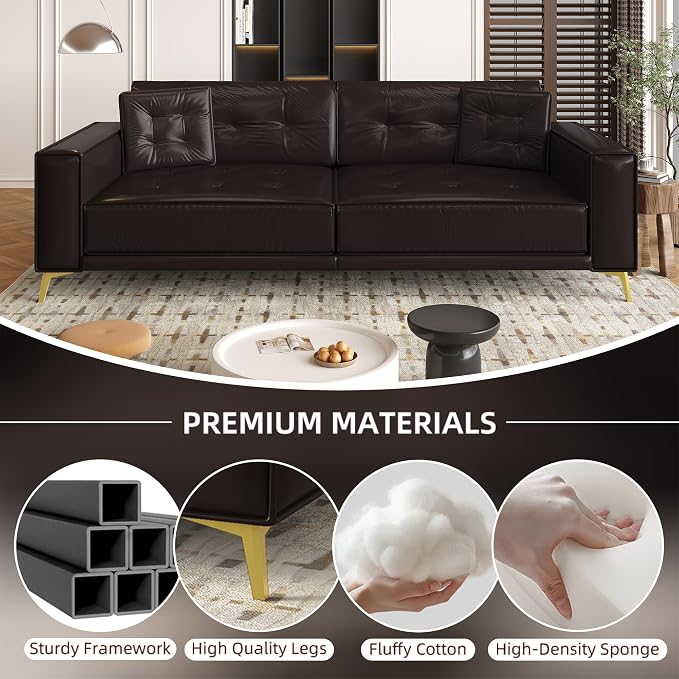 92.1'' Pull Out Sofa Bed King, Faux Leather Futon Couch, 3-in-1 Convertible Sleeper Sofa with Tufted Back, Gold Furniture Legs, Deep Loveseat for Living Room, Apartment, Office, Dark Brown