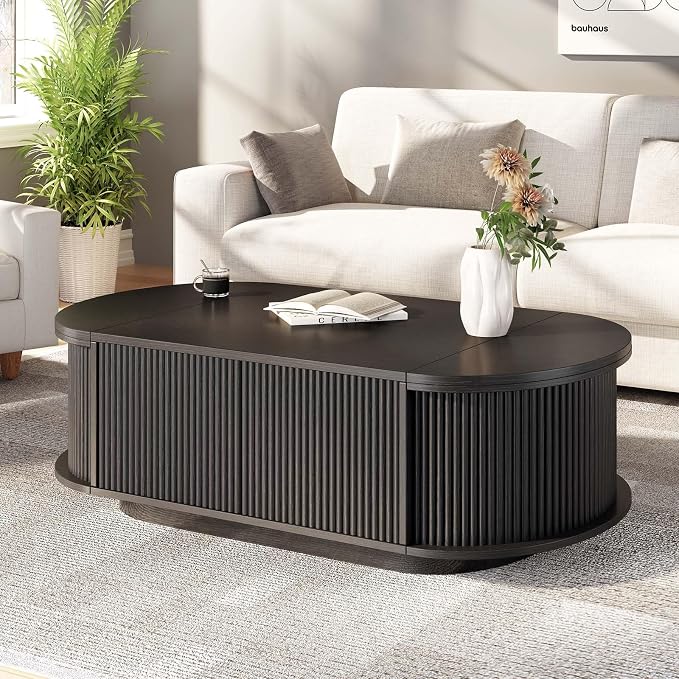 HSH 47" Oval Coffee Table with Storage, Black Coffee Table for Living Room | Modern Center Table with Press Type Door, Fluted Living Room Tables with 2 Flip-Top Hidden Lids, Wood Table