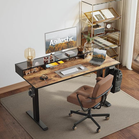 Agilestic 48 x 24 Inches Electric Standing Desk with Storage, Adjustable Height Sit and Stand Computer Table with Glass Shelf, Splice Board, Rustic Brown