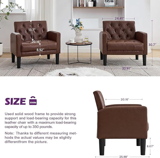TYBOATLE Accent Chairs Set of 2, Comfy Living Room Chair Leather Tufted Mid Century Modern Accent Chair, Small Cozy Reading Arm Chair for Office, Bedroom