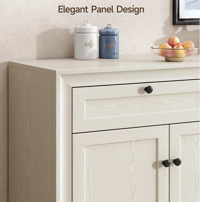 ONBRILL 48 Inches Sideboard Buffet Cabinet with Storage, Farmhouse Sideboard with 2 Drawers and 3 Doors, Wood Coffee Bar Cabinet with Adjustable Shelves for Living Room, Kitchen, Hallway, White