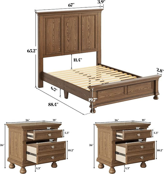 AMERLIFE Solid Wood 3 Piece Bedroom Set Including 65.2" High Queen Bed Frame, Fully Assembled Nightstands Set of 2 with 2 Storage Drawers for Bedroom, Light Brown