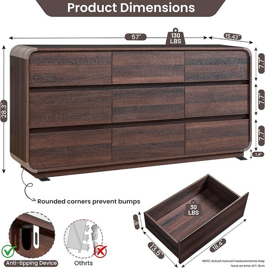 Standifurno 9 Drawer Double Dresser for Bedroom, Modern Curved Wood Chest Drawers of Handleless, Large Storage Dresser Bedroom, Living Room, Entryway, Walnut