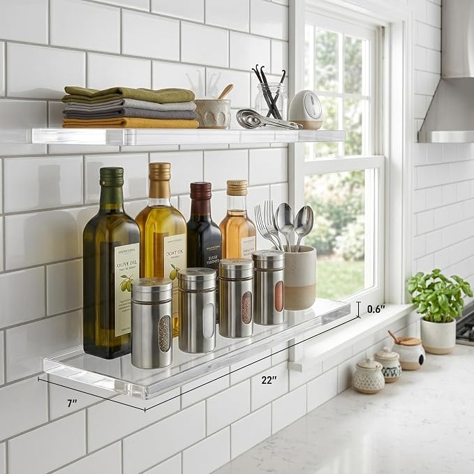 Set of 2 Acrylic Floating Shelves - 22" Clear floating shelves for Bathroom & Living Room - 22" x 7" x 0.6" Invisible Wall Mounted Shelves for Books , Lego Display, Waterproof, Holds 60 lbs on drywall