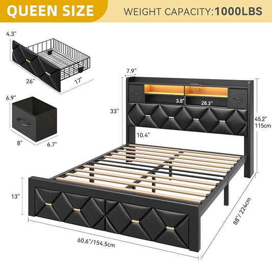 YITAHOME Queen Size Bed Frame with 2 Storage Drawers and Storage Headboard, Upholstered Platform with Charging Station and LED Light, No Box Spring Needed, Noise Free, Easy Assembly, PU Leather Black
