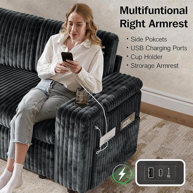 Vipbear 86" Modular Sectional Sleeper Sofa with Pull Out Bed, 3 Seat Plush Corduroy L Shaped Couch with Storage Chaise|USB Ports|Cup Holders|Side Table|Storage Armrests, Tool Free Assembly, Grey
