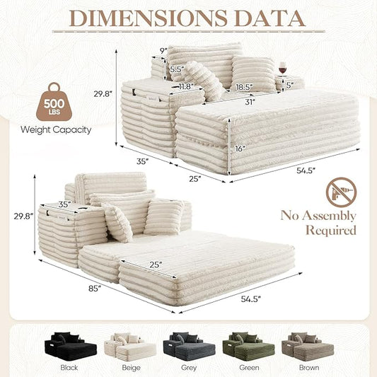 5-In-1 Oversized Chaise Lounge Chair Indoor with Ottoman,54.5"W Faux Fur Convertible Folding Sleeper Sofa Bed with Cup Holder&Side Pocket,Comfy Boneless Couch Sofa Chair for Living Room,Bedroom(Beige)
