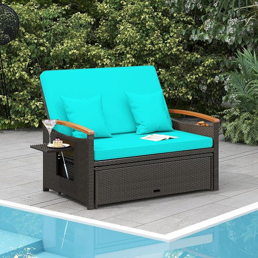 Moccha Outdoor Wicker Daybed, Patio Rattan Loveseat Sofa w/ 4-Level Adjustable Backrest, Folding Panels, Storage Ottoman & Cushions, Lounge Furniture Set for Poolside Backyard Porch (Turquoise)