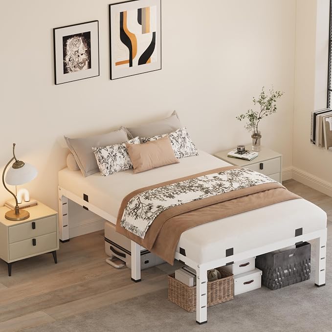 18 Inch Twin Bed Frames, Heavy Duty Metal Platform 3500 lbs Capacity, No Box Spring Needed, 6 Mattress Slide Stopper, Headboard Holes, Noise-Free, Easy Assembly, White