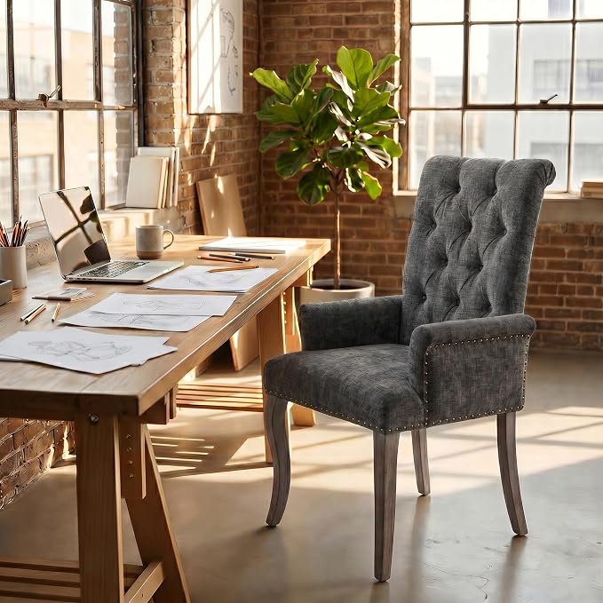 Upholstered Dining Chairs with Arms, Gray, 1 Pack | Tufted Chenille Kitchen Chairs with Arms, Modern Farmhouse Armchair with Nailhead Trim for Dining Room, Home Office