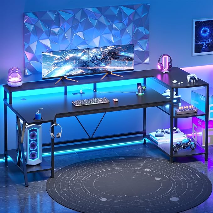 SEDETA Gaming Desk 70.8'' with LED Lights and Storage Shelves, Computer Desk with Monitor Stand, Power Outlets and Cup Holder, Large PC Gamer Desk, Gaming Table for Bedroom, Living Room, Black