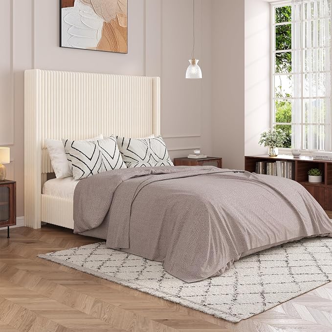 UNIQUITE Queen Size Lift Up Storage Bed Frame with 51 Inch Tall Wingback Headboard, Corduroy Upholstered Platform Bed with Hydraulic Storage, 2 USB Ports, No Box Spring Needed, Noise-Free, Beige