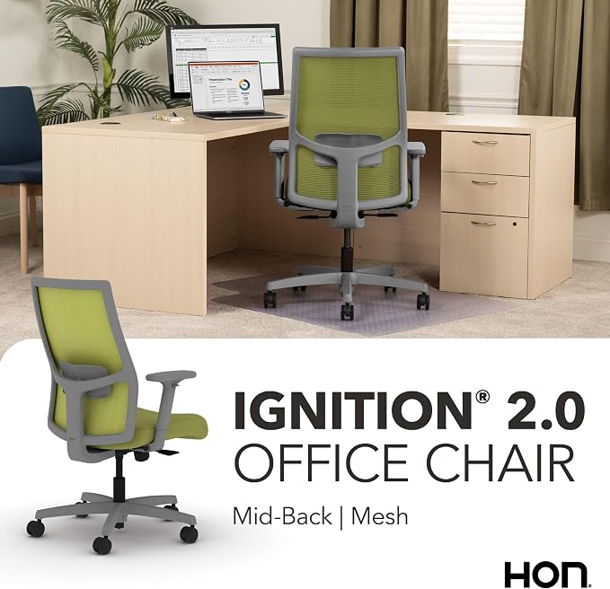 HON Ignition 2.0 Mid‑Back Ergonomic Office Chair, Mesh Task Desk Chair with Lumbar Support, Standard Synchro‑Tilt, Height and Width Adjustable Arms, Titanium Frame, Pear
