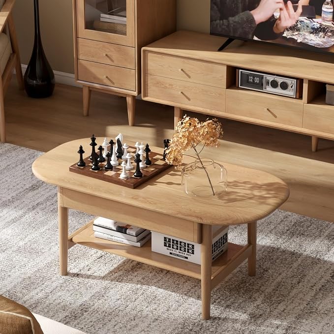 100% Solid Wood Coffee Table for Living Room, 2-Tier Coffee Table with 2 Drawers and Shelf Storage, Mid Century Modern Living Room Table for Home (Oak Natural Wood, 39.37'' W)