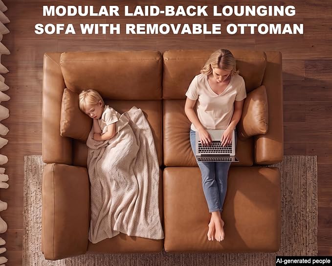 100" Faux Leather Modular Sectional Sofa for Living Room, Oversized 3 Seater L Shaped Cloud Couch with Ottoman, Extra Large Deep Seat, Pet-Friendly, Easy to Clean, Brown