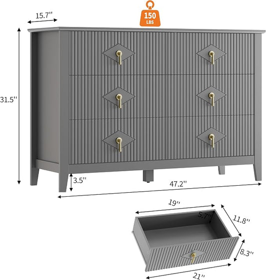 GarveeHome Fluted Dresser for Bedroom, 47.2 Inch Wide 6-Drawer Wood Dresser, Modern Chest of Drawers, Storage Organizer Cabinet for Living Room, Hallway, Entryway, Grey