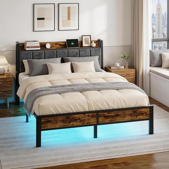 Liians Queen Size Bed Frame with Charging Headboard, Metal Platform Bed with Smart LED Lights, Heavy Duty Metal Slats, No Box Spring Need