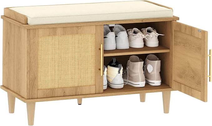 Akxomel Rattan Shoe Storage Bench with Cushion, 2-Tier Entryway Bench with Adjustable Shelves and 2 Doors, 15" D x 31.5" W x 20" H, Solid Wood Legs, for Hallway, Living Room, Bedroom, Natural Oak