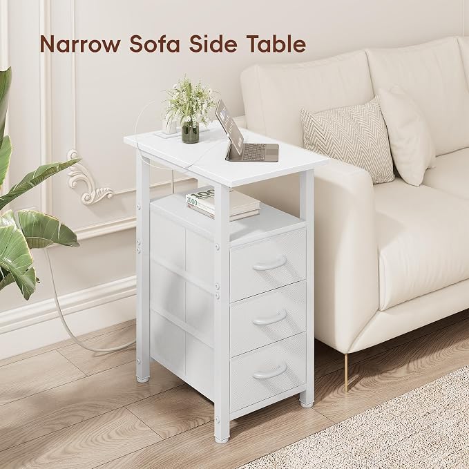 Vagusicc Set of 2 White Night Stand with Charging Station, Narrow Nightstand with U-S-B Ports and Outlets, Small Night Stand 3 Fabric Storage Drawers, Small Bedside Table