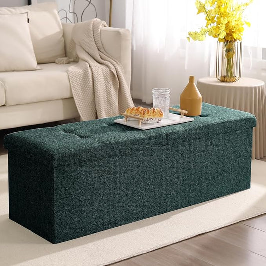 45.3 Inches Ottoman Bench - Foldable Seat, Footrest, Shoe Bench, End of Bed Storage With Flipping Lid, 166L Space, Linen Fabric Emerald