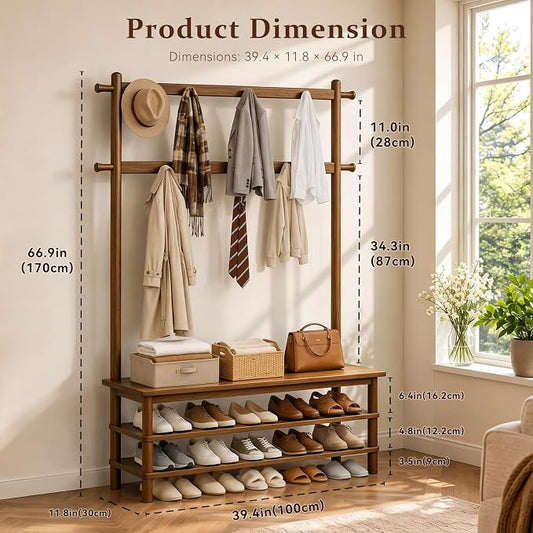 Hall Tree with Shoe Storage Bench, 3-in-1 Entryway Coat Rack with Bench, 11 Hooks, Freestanding Wooden Entryway Organizer for Mudroom, 35" Long