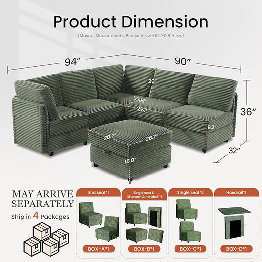 KKL Modular Sectional Couches V-Shaped 6 Seater Sofas with Storage Ottoman for Living Room, Convertible L/J-Shaped Modular Sectional Sofa Bed Plush Wide-Wale Corduroy Couch, Apartment, Green